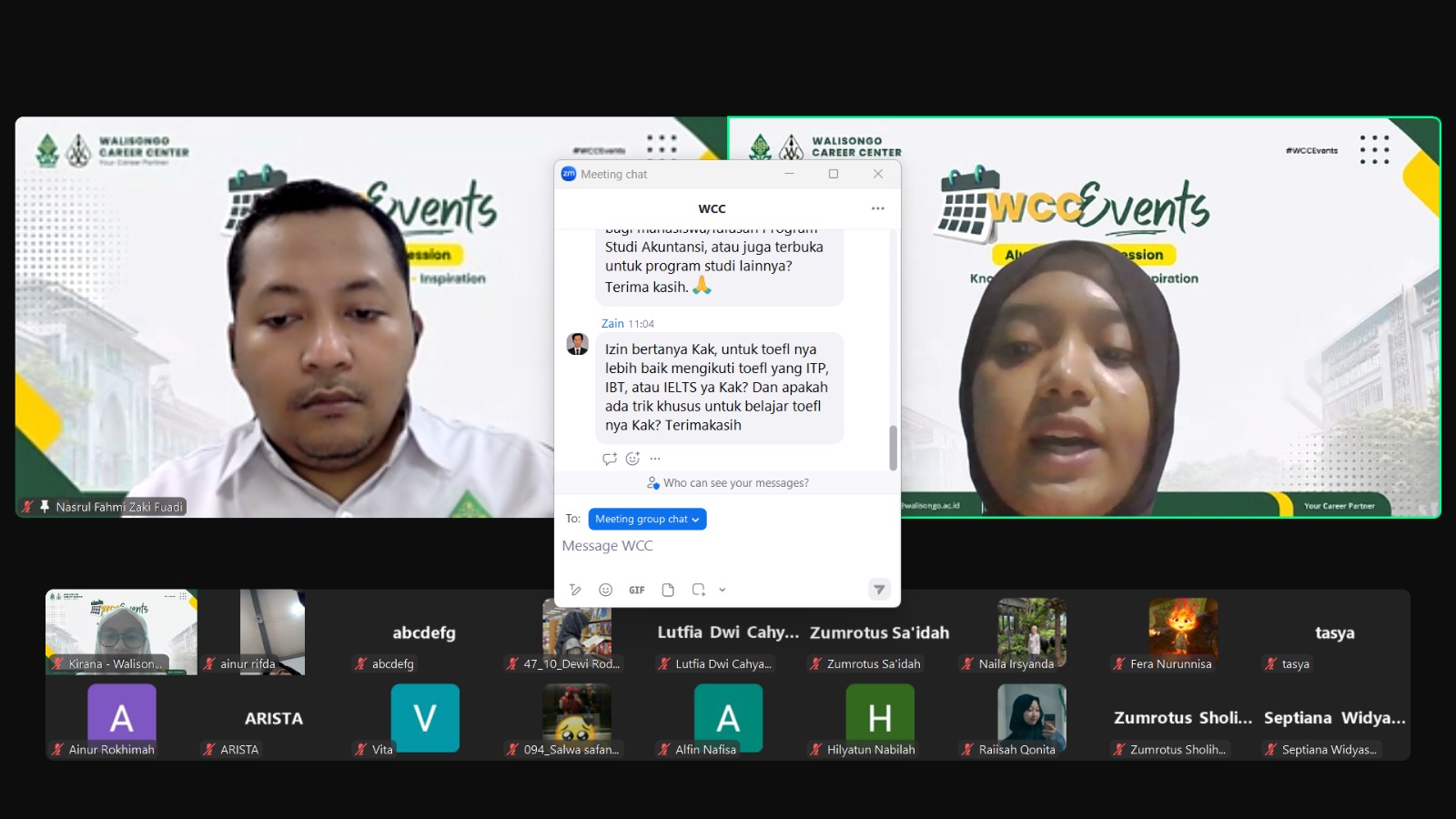 Alumni Sharing Session Walisongo Career Center tentang strategi lolos beasiswa S2 bersama Tata Ayu Ma'rufah via Zoom